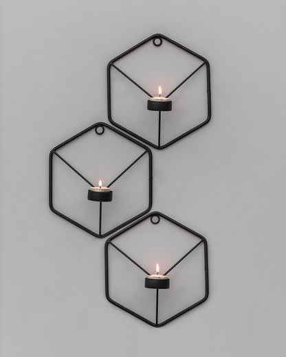 Black Metal Wall Mounted Hexagon Tealight Candle Holder, T-light Candles