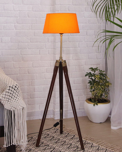 Tripod Floor Lamp with Shade Wooden, Brass Finish Industrial Nautical Marine Decorative Lamp