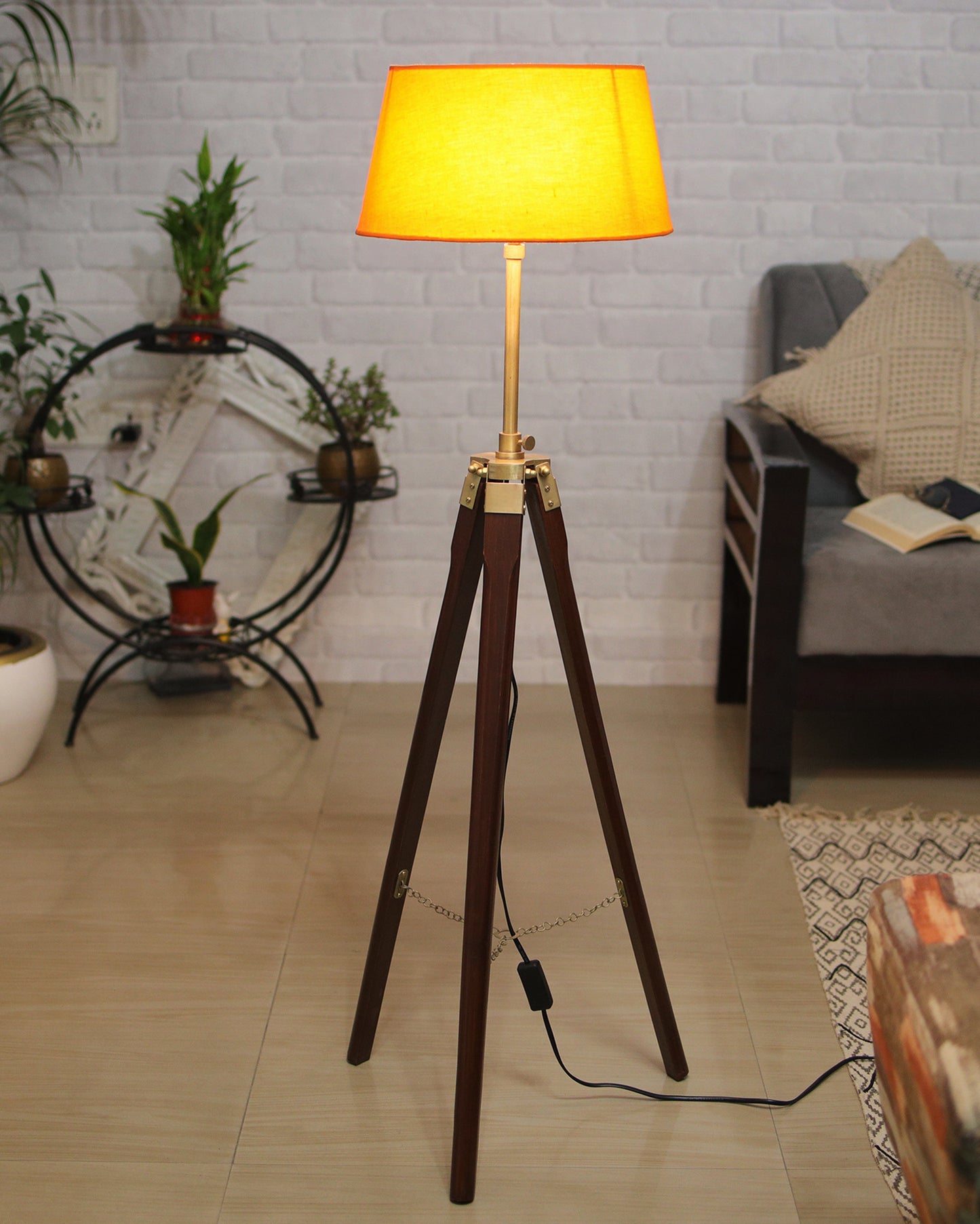 Tripod Floor Lamp with Shade Wooden, Brass Finish Industrial Nautical Marine Decorative Lamp