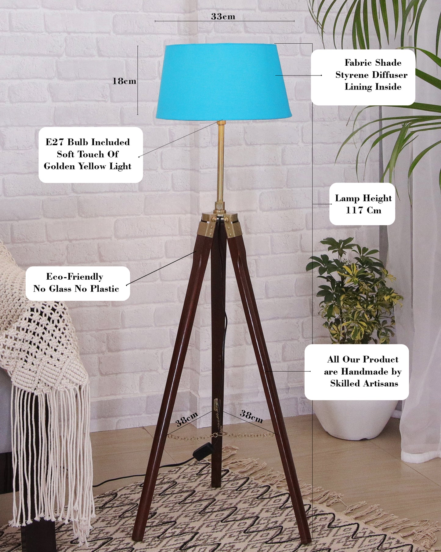 Tripod Floor Lamp with Shade Wooden, Brass Finish Industrial Nautical Marine Decorative Lamp