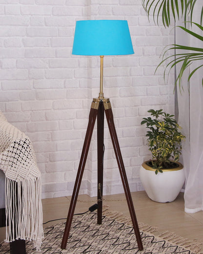 Tripod Floor Lamp with Shade Wooden, Brass Finish Industrial Nautical Marine Decorative Lamp