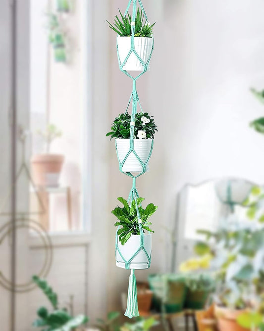 Macrame plant hanger, plant hangers indoor, hanging planters, Handmade weaving, hanging planters indoor, Natural organic cotton,hanging planters indoor, set of 2, Triple Turquoise