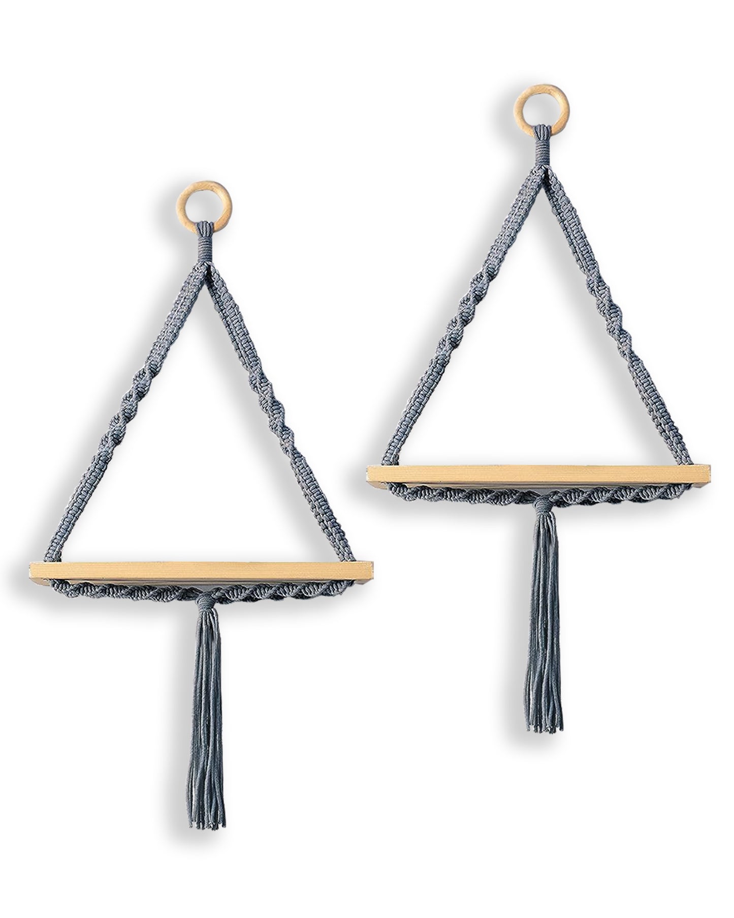Triangle Rope Hanging Shelves Set of 2, Wood Floating Shelf for Wall Décor Bedroom Bathroom Living Room, Display Shelving for Hanging Plants Photos Grey