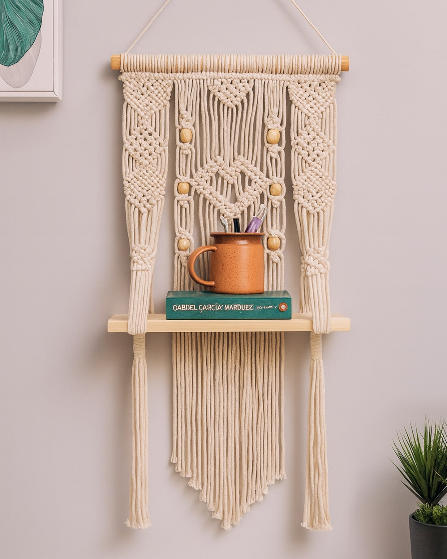 Homesake® Beige Hand Woven Macrame Wall Hanging Shelf-Plank, Boho Cotton Wall Décor for Plants, Candles & Display, Ideal for Living Room, Bedroom, Balcony & Modern Home Styling
