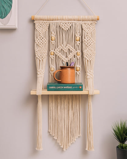 Homesake® Beige Hand Woven Macrame Wall Hanging Shelf-Plank, Boho Cotton Wall Décor for Plants, Candles & Display, Ideal for Living Room, Bedroom, Balcony & Modern Home Styling