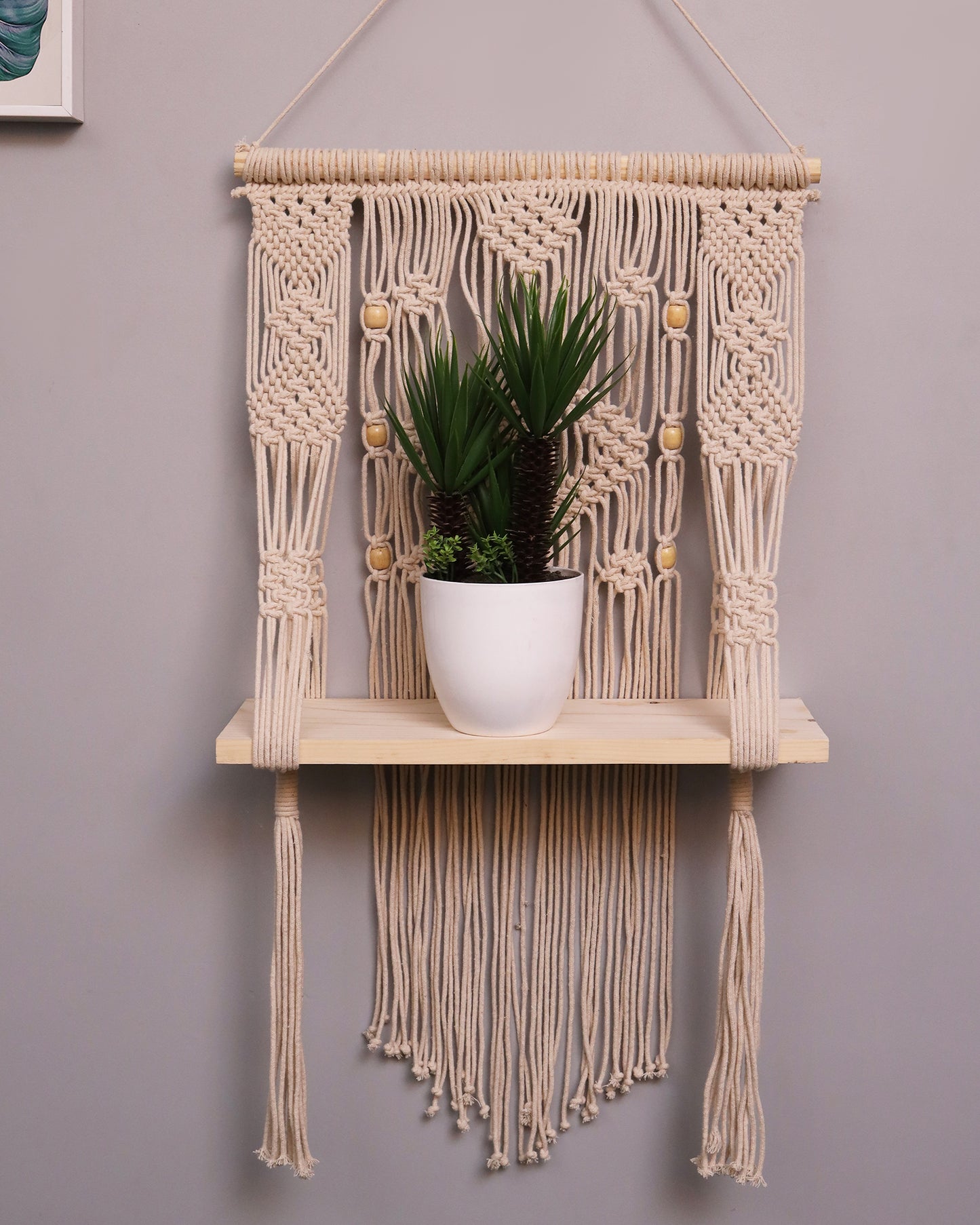 Homesake® Beige Hand Woven Macrame Wall Hanging Shelf-Plank, Boho Cotton Wall Décor for Plants, Candles & Display, Ideal for Living Room, Bedroom, Balcony & Modern Home Styling