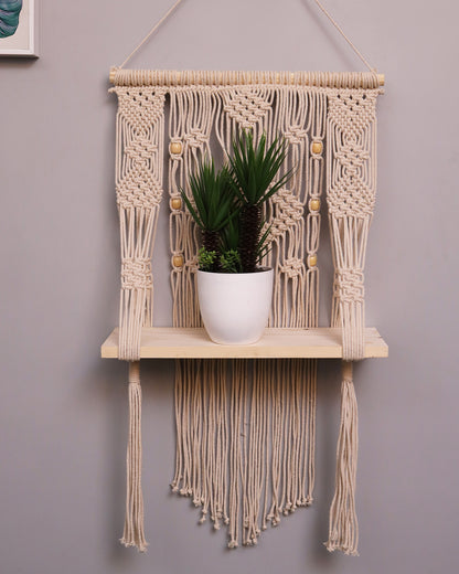 Homesake® Beige Hand Woven Macrame Wall Hanging Shelf-Plank, Boho Cotton Wall Décor for Plants, Candles & Display, Ideal for Living Room, Bedroom, Balcony & Modern Home Styling