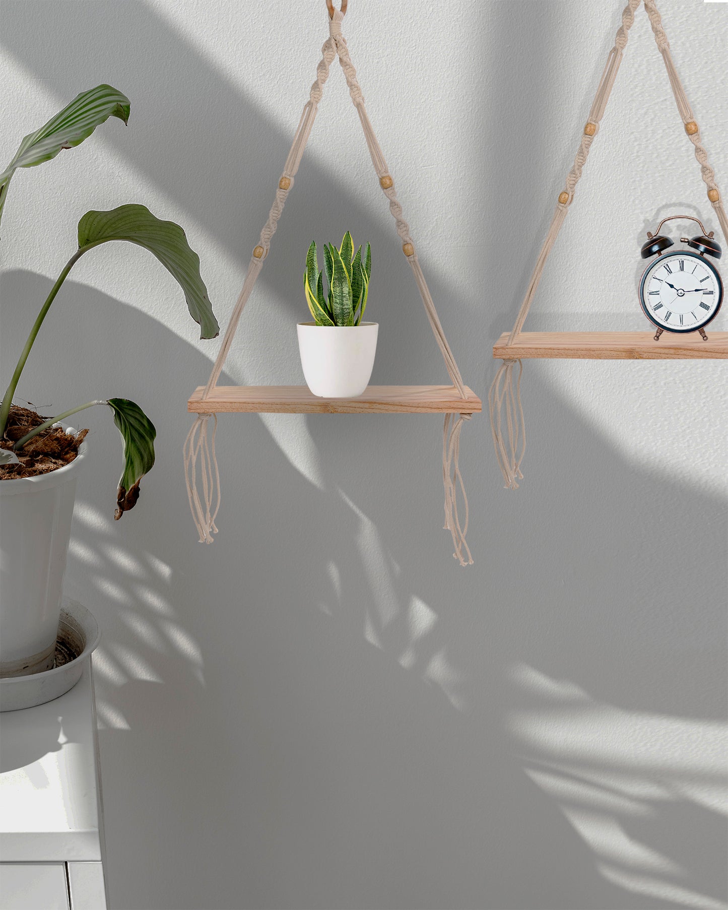 Homesake® Set Of 2 Beige Handmade Macrame Hanging 1-Tier Shelf Wall Decor, Home decor, bedroom ,living room, kitchen