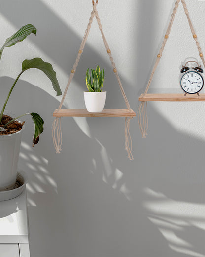 Homesake® Set Of 2 Beige Handmade Macrame Hanging 1-Tier Shelf Wall Decor, Home decor, bedroom ,living room, kitchen