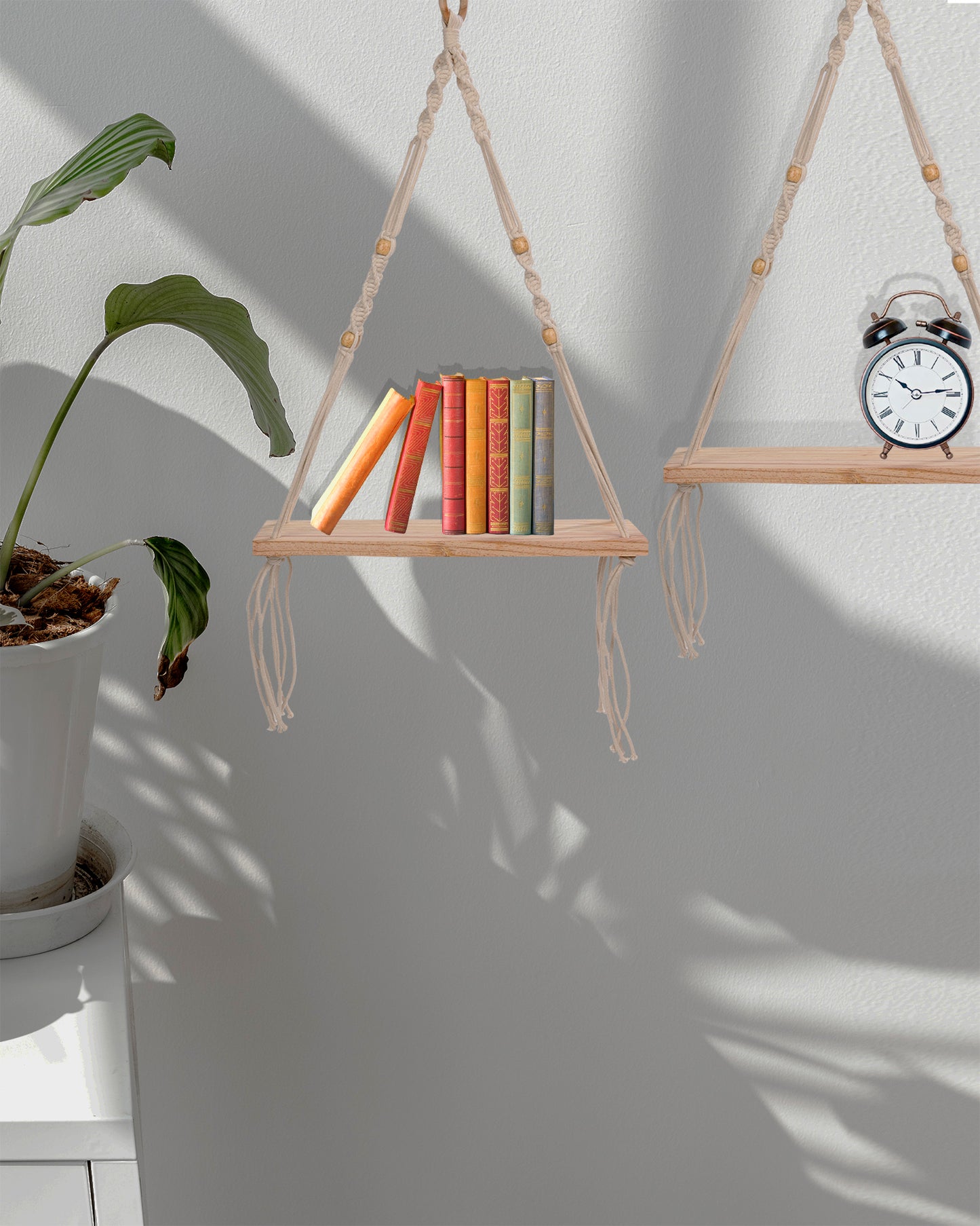 Homesake® Set Of 2 Beige Handmade Macrame Hanging 1-Tier Shelf Wall Decor, Home decor, bedroom ,living room, kitchen