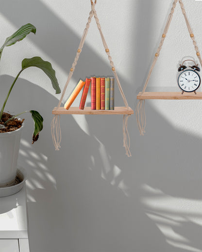 Homesake® Set Of 2 Beige Handmade Macrame Hanging 1-Tier Shelf Wall Decor, Home decor, bedroom ,living room, kitchen