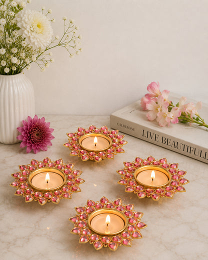Crystal Diya with T-Light- Set of Four silver plates, candle holder stand with free candle