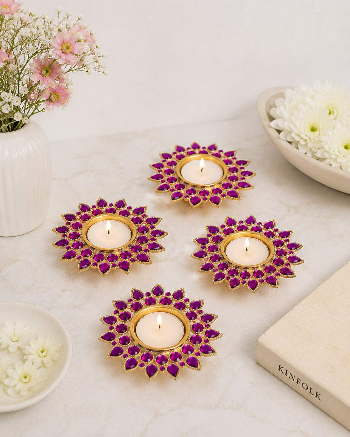 Crystal Diya with T-Light- Set of Four silver plates, candle holder stand with free candle