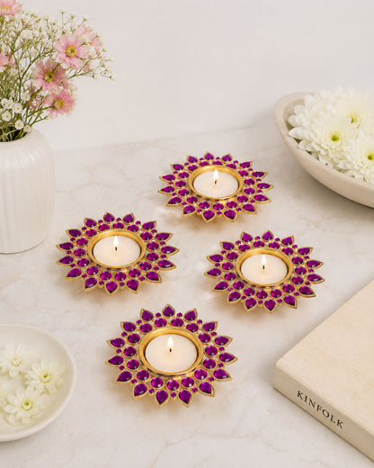 Crystal Diya with T-Light- Set of Four silver plates, candle holder stand with free candle