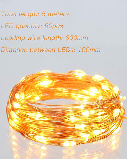 50-LED Fairy Copper String Lights 5m Waterproof, 3AA Battery, Warm White, Set of 8