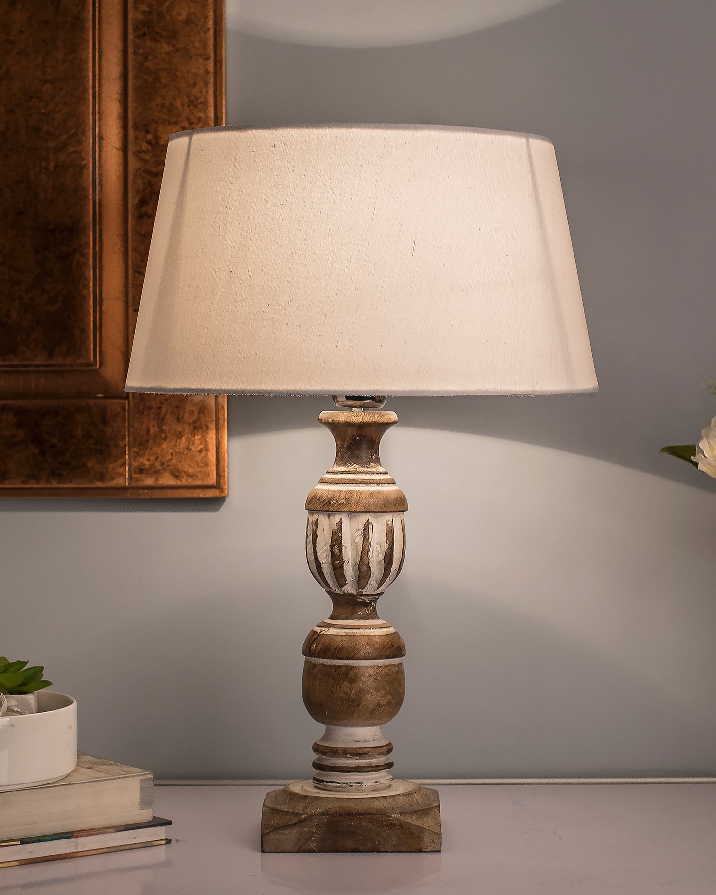 Antique White French Trophy Carved Table lamp with Empire Drum Shade