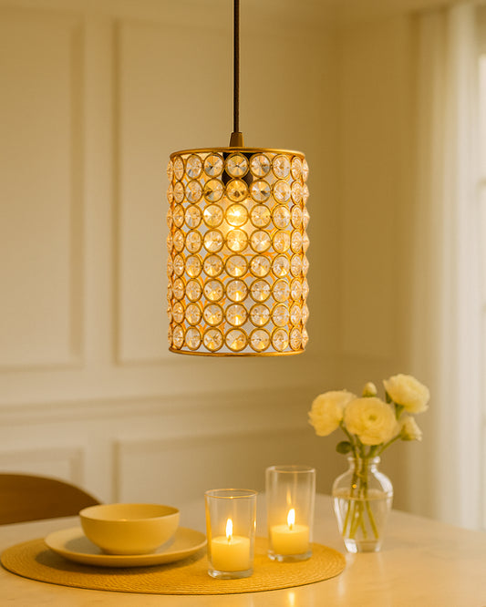 Crystal Hanging Copper Barrel Pendant, Rose Gold, Hanging Ceiling Light, Small