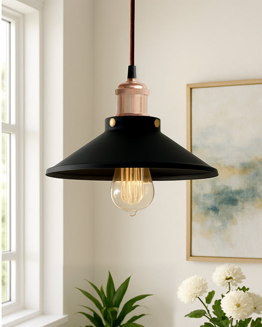 Single Black Cone Pendant with Holder, E27, Modern Nordic Hanging Ceiling Light