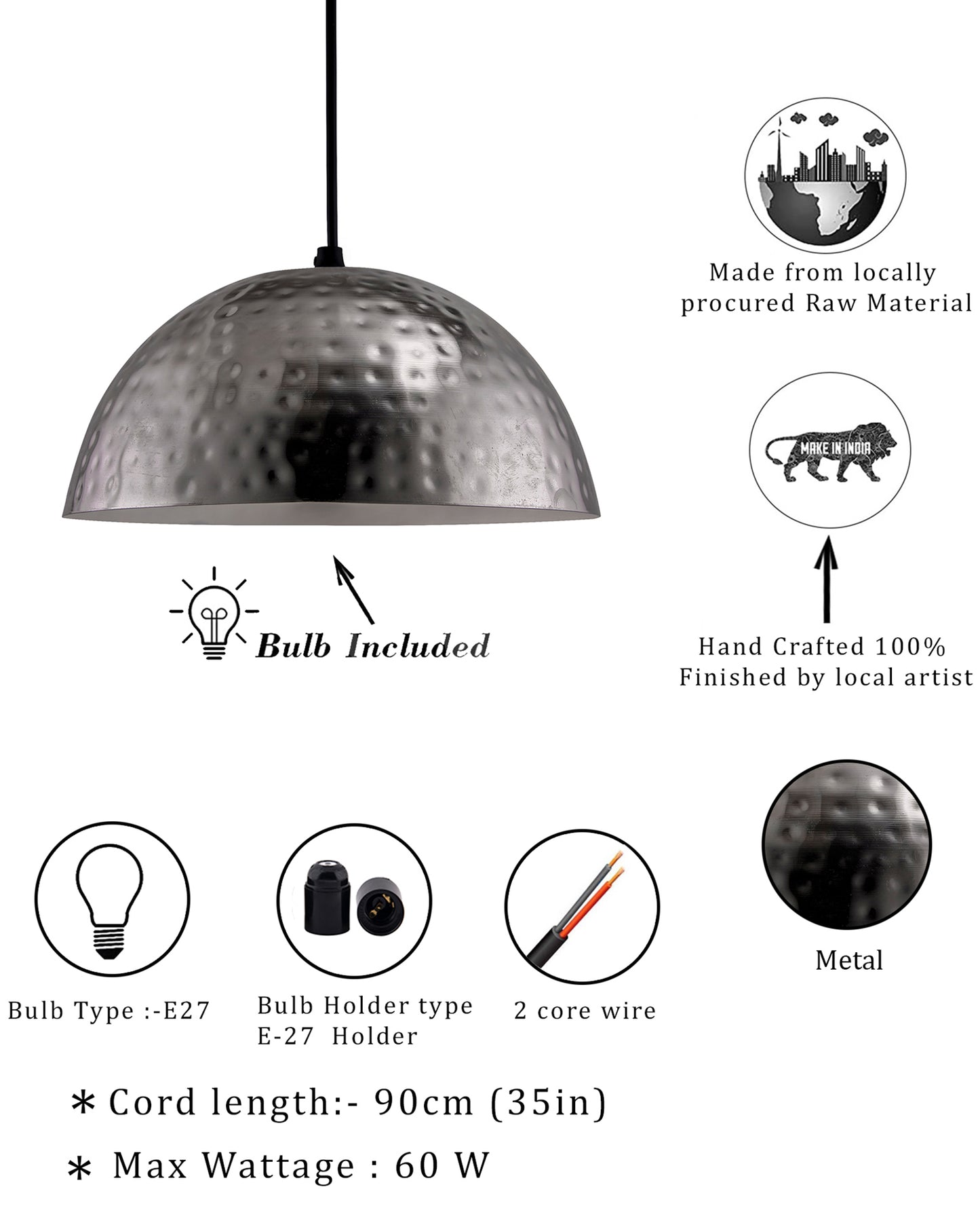 Antique Nickel Hammered Pendant, Hanging Lamp, 10"