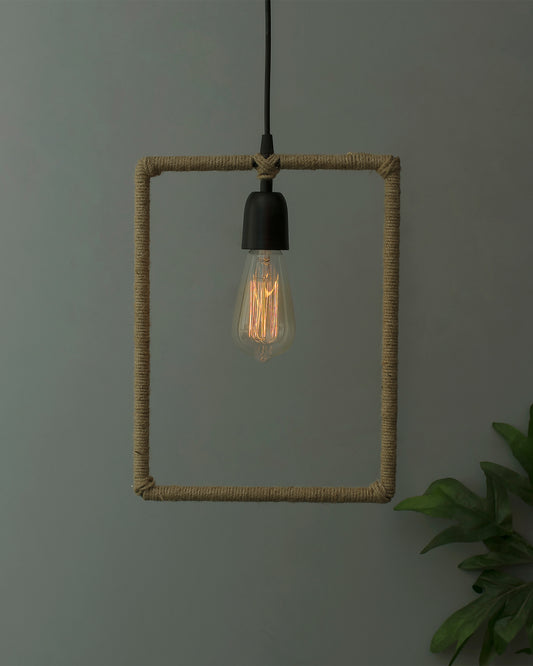 Modern Metal Pendant Lights Hemp Rope Decor Hanging Lamp E27 Loft Ceiling Light with filament bulb, Rectangle