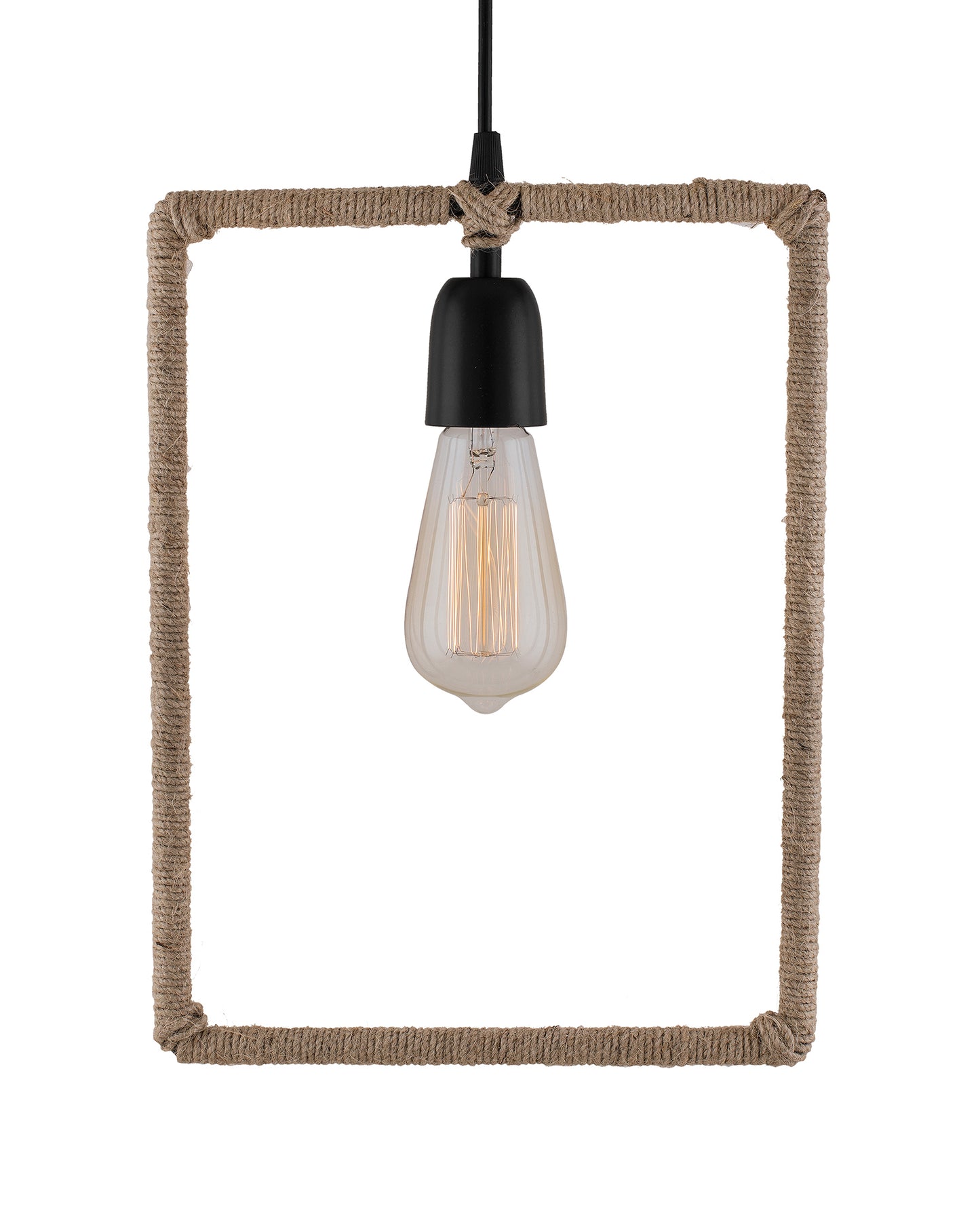 Modern Metal Pendant Lights Hemp Rope Decor Hanging Lamp E27 Loft Ceiling Light with filament bulb, Rectangle