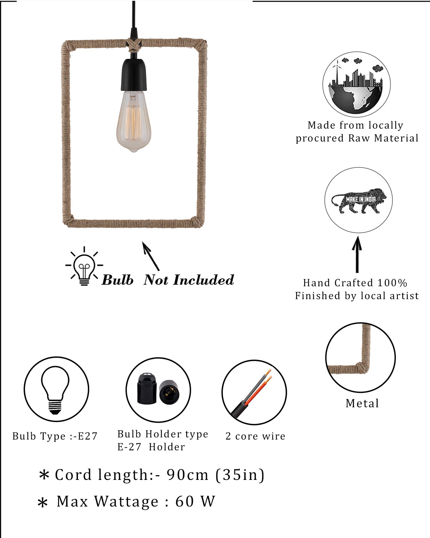 Modern Metal Pendant Lights Hemp Rope Decor Hanging Lamp E27 Loft Ceiling Light with filament bulb, Rectangle