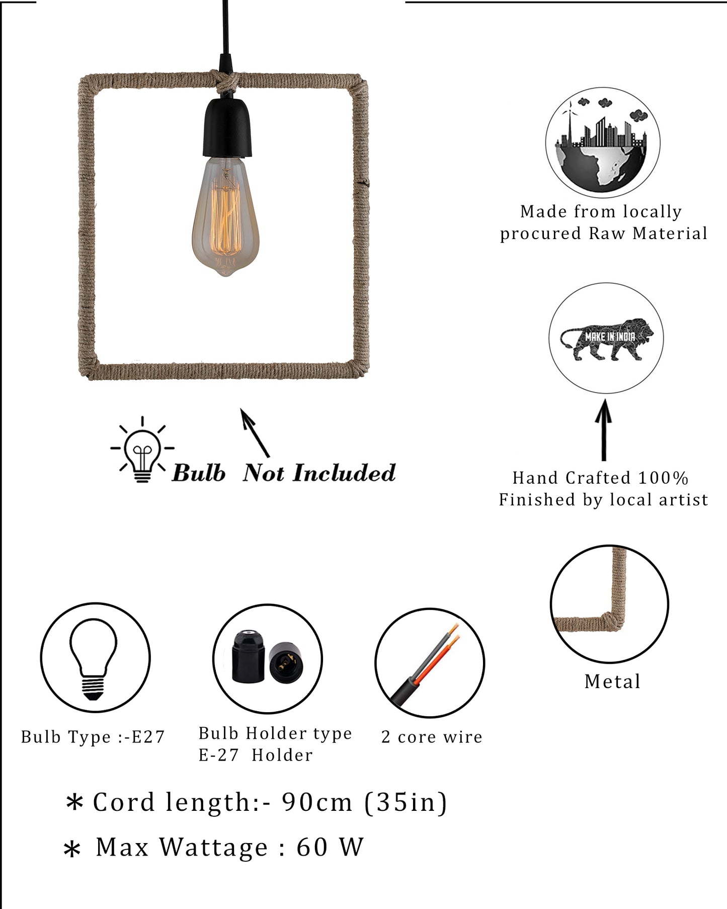 Modern Metal Pendant Lights Hemp Rope Decor Hanging Lamp E27 Loft Ceiling Light with filament bulb