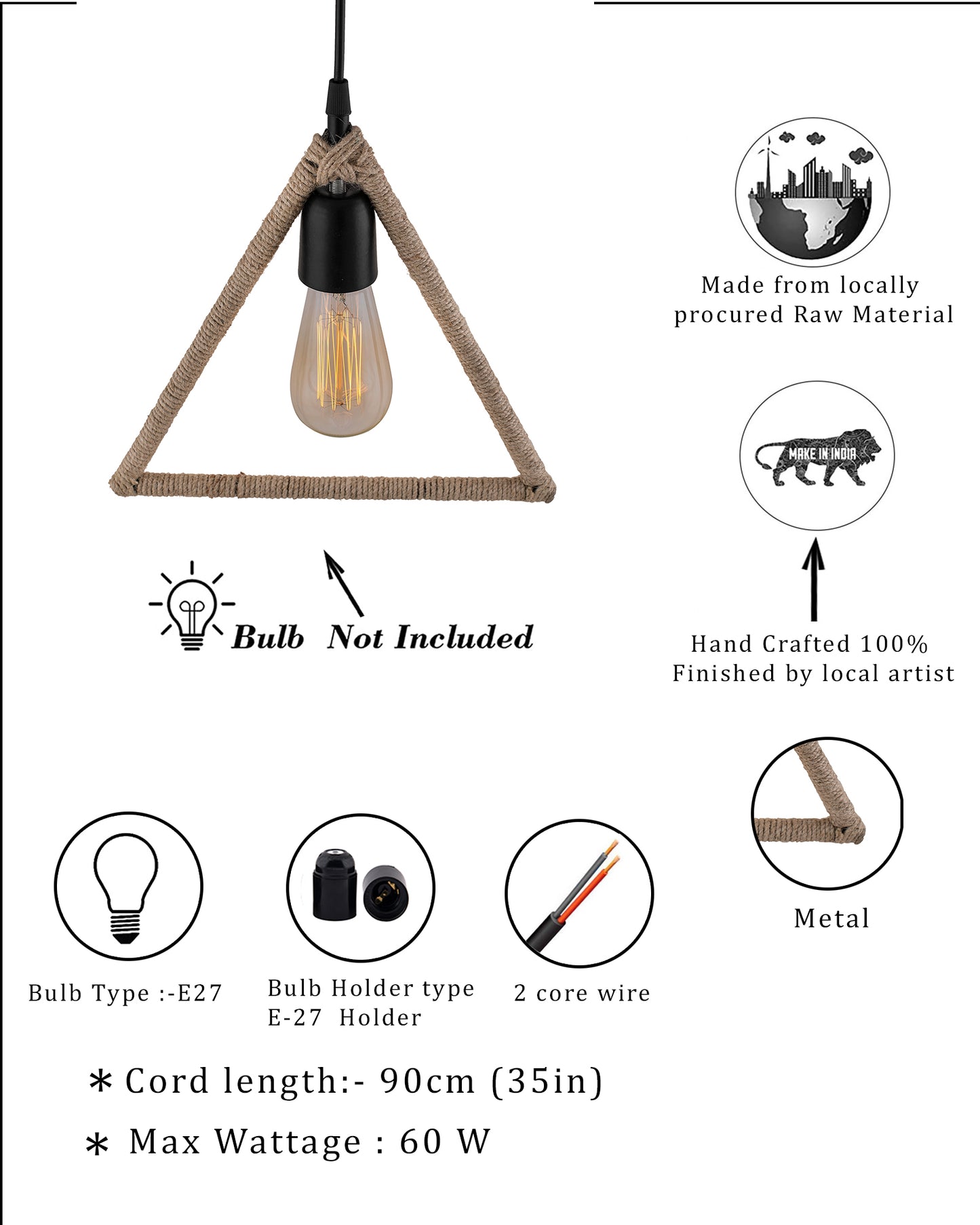 Modern Metal Pendant Lights Hemp Rope Decor Hanging Lamp E27 Loft Ceiling Light with filament bulb, Triangle