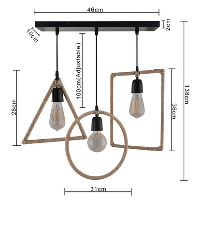 3-Lights Linear Cluster Chandelier Hemp Rope Rectangle, Triangle, Round Hanging Pendant Light with Braided Cord