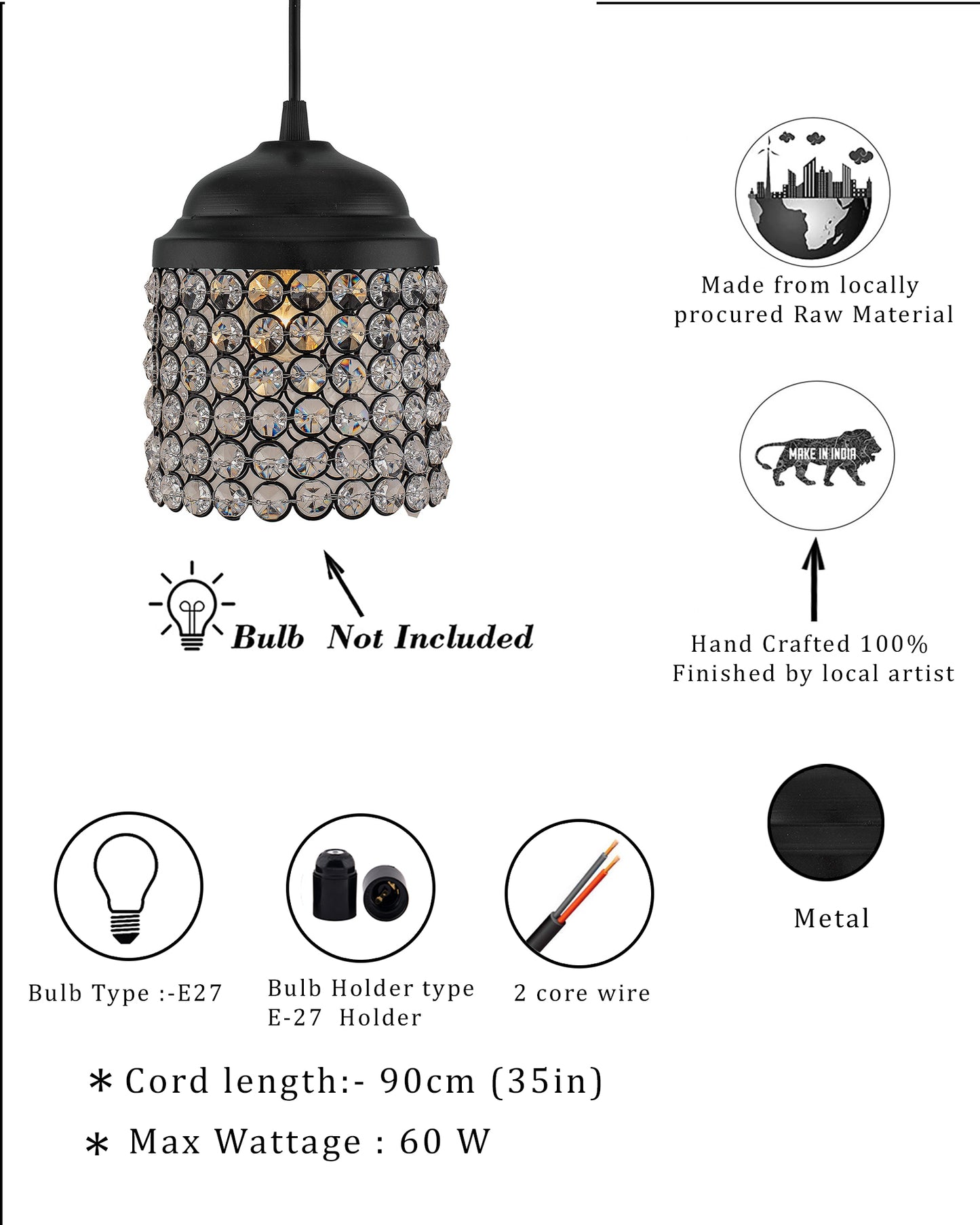 Matt Black Crystal Hanging Cylinder Light, Ceiling Light, Nordic E27 Pendant