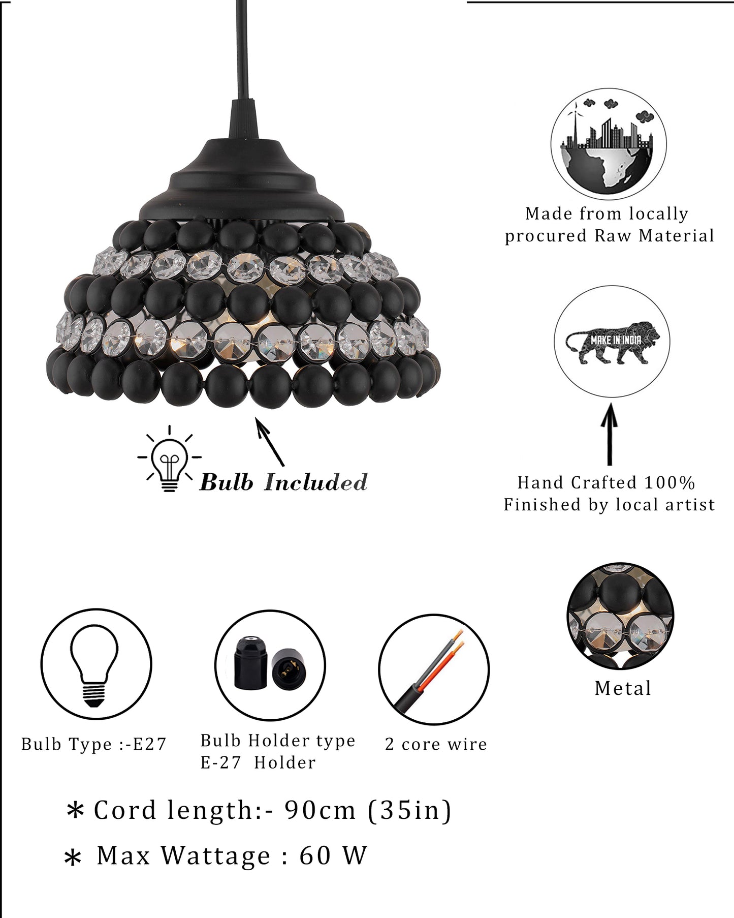 Matt Black Crystal Hanging Semi-Globe Light, Ceiling Light, Nordic E27 Pendant