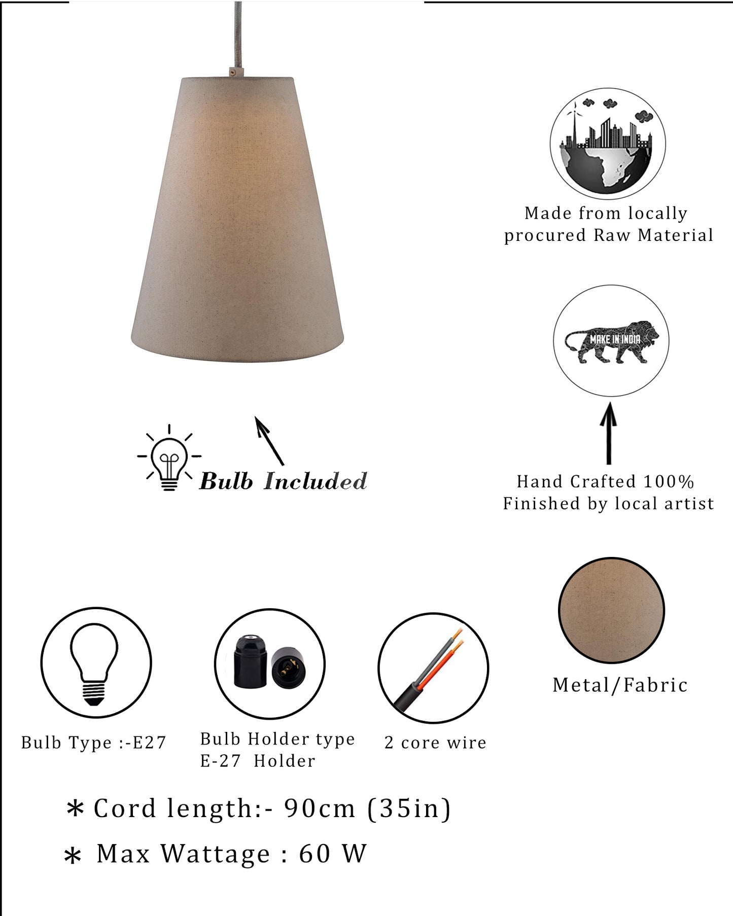 Khadi Fabric Hanging Cone Light, Pendant Ceiling Light E27