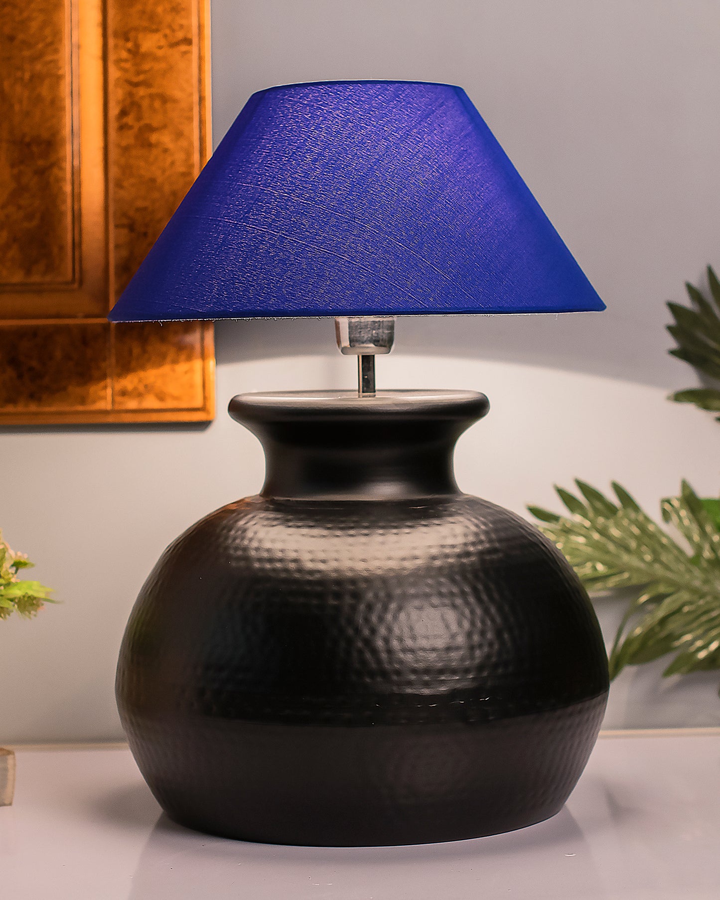 Matt Black Hammered Pitcher Table Lamp with Cone Shade