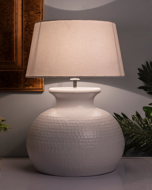 Matt White Hammered Pitcher Table Lamp with Drum Shade