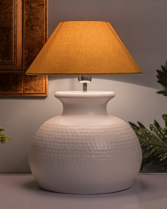 Matt White Hammered Pitcher Table Lamp with Cone Shade