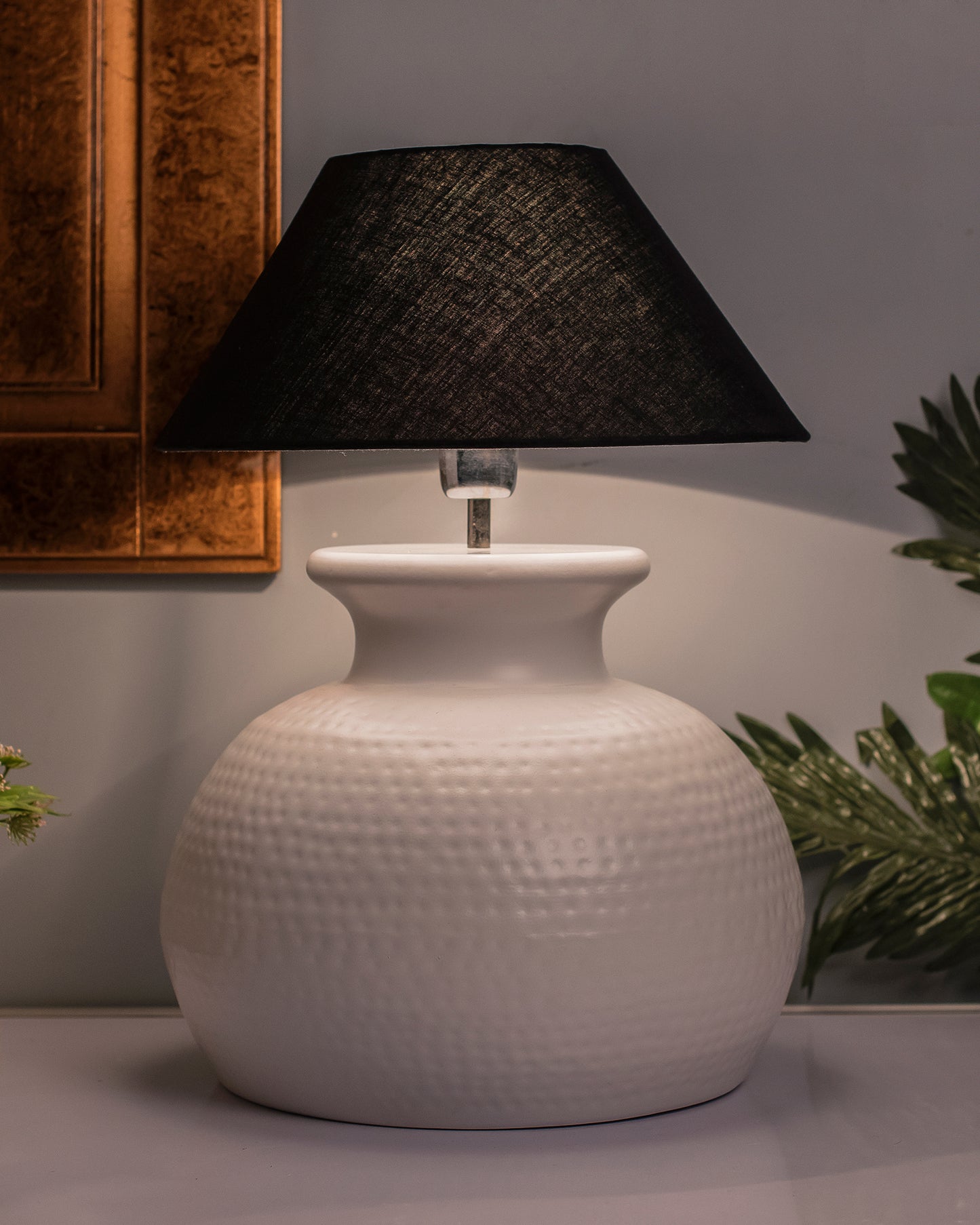 Matt White Hammered Pitcher Table Lamp with Cone Shade