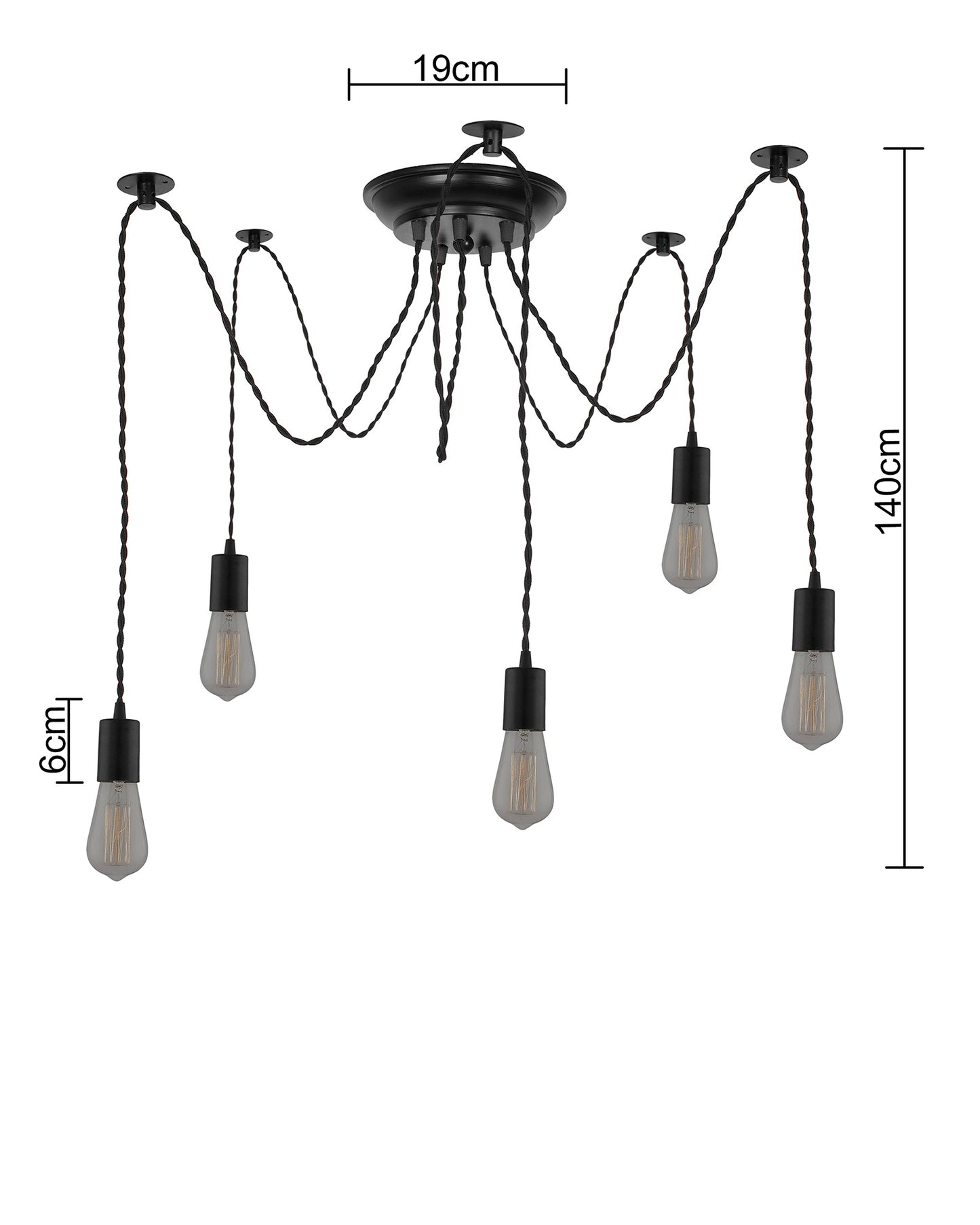 Spider Chandelier Lamp, Vintage Edison Style E 27 Adjustable DIY Ceiling Pendant Light, E27 Rustic Cluster Hanging Light(1.25 M, Black Twisted Wire)