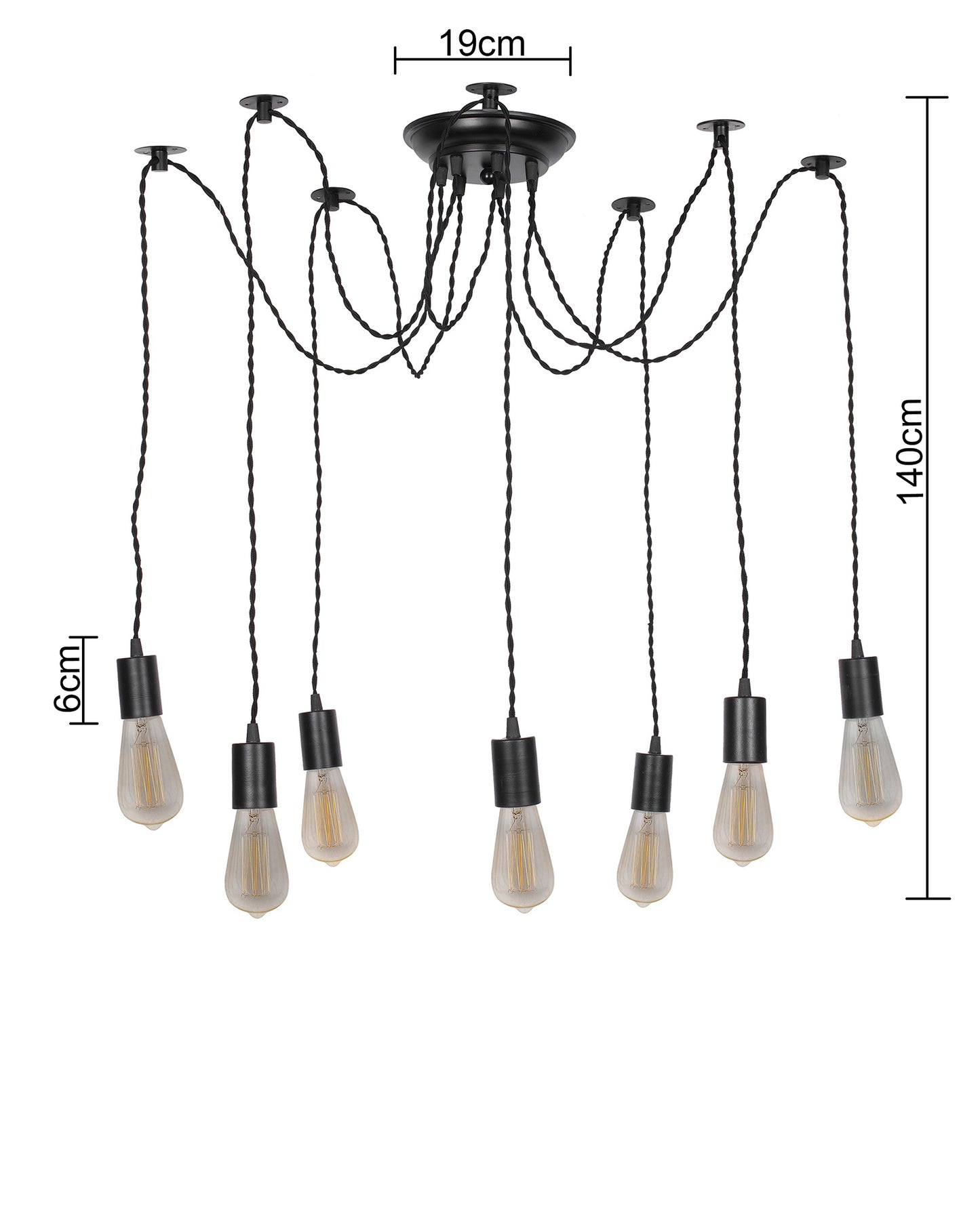 Spider Chandelier Lamp, Vintage Edison Style E 27 Adjustable DIY Ceiling Pendant Light, E27 Rustic Cluster Hanging Light(1.25 M, Black Twisted Wire)