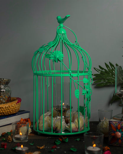 Sea Green Bird Cage with Floral Vine (Set of 2), with hanging chain