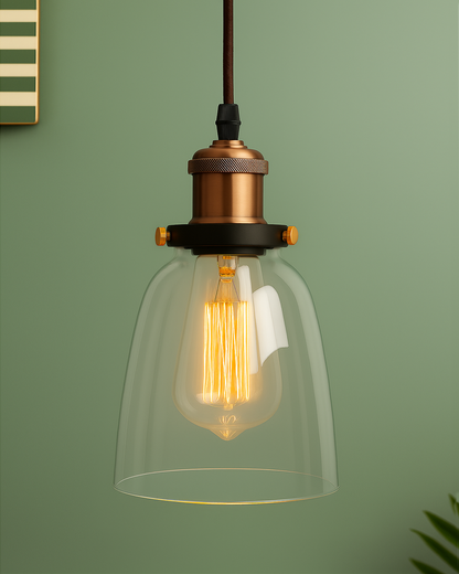 Pendant Light with Bell Glass Shade, Metal Base Cap and Adjustable Textile Cord, Industrial Style Retro Hanging Lamps for Dining Living Room