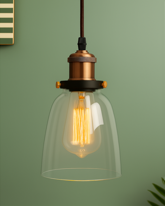 Pendant Light with Bell Glass Shade, Metal Base Cap and Adjustable Textile Cord, Industrial Style Retro Hanging Lamps for Dining Living Room