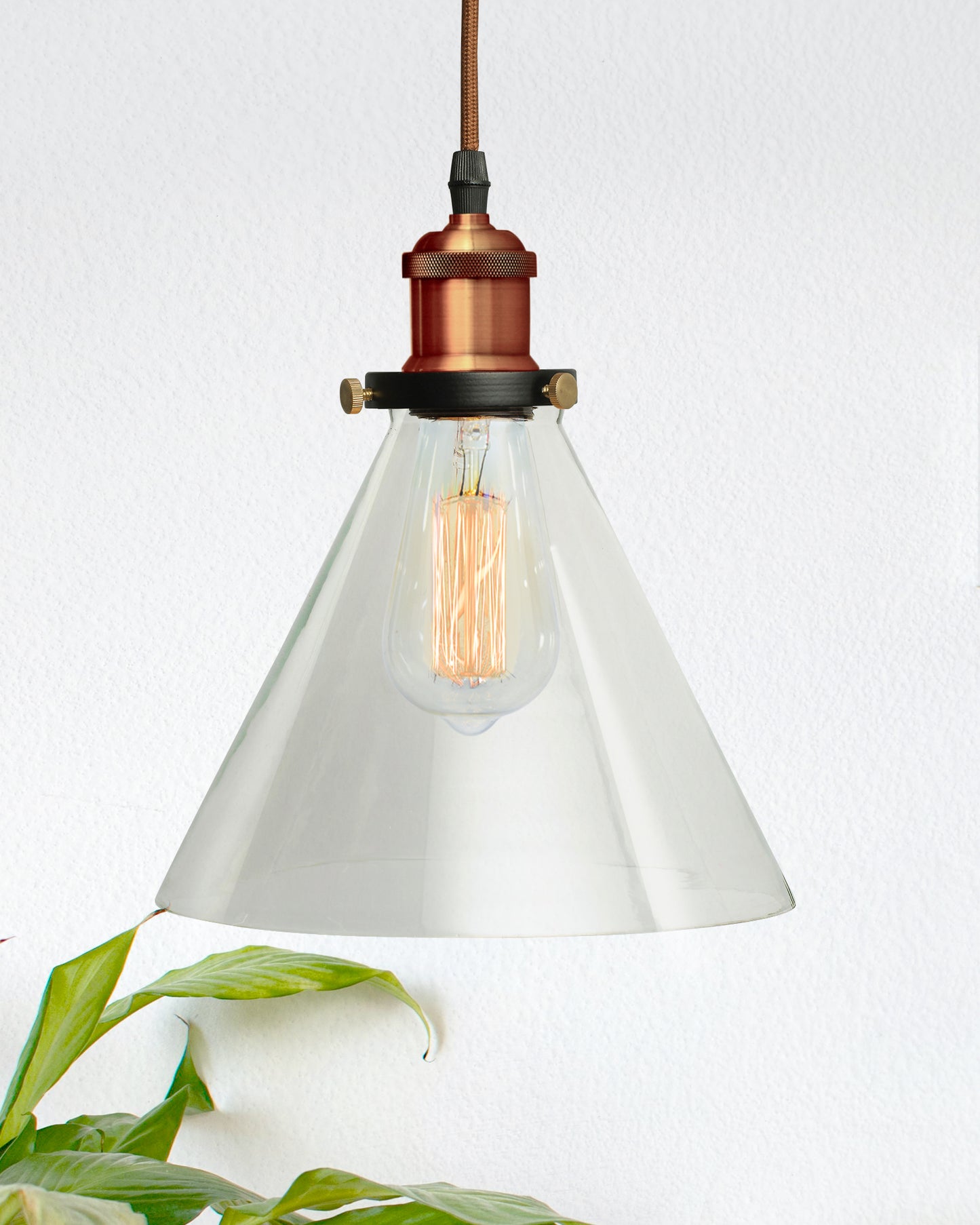 Homesake® Vintage Industrial Pendant Light, Clear Glass Shade, Cone Pendant Light, Antique Brass Finish, Retro Style Ceiling Lamp for Kitchen, Dining Room, Living Room, Bedroom (Rose Gold) (Cone)