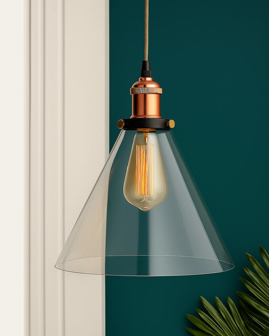Homesake® Vintage Industrial Pendant Light, Clear Glass Shade, Cone Pendant Light, Antique Brass Finish, Retro Style Ceiling Lamp for Kitchen, Dining Room, Living Room, Bedroom (Rose Gold) (Cone)