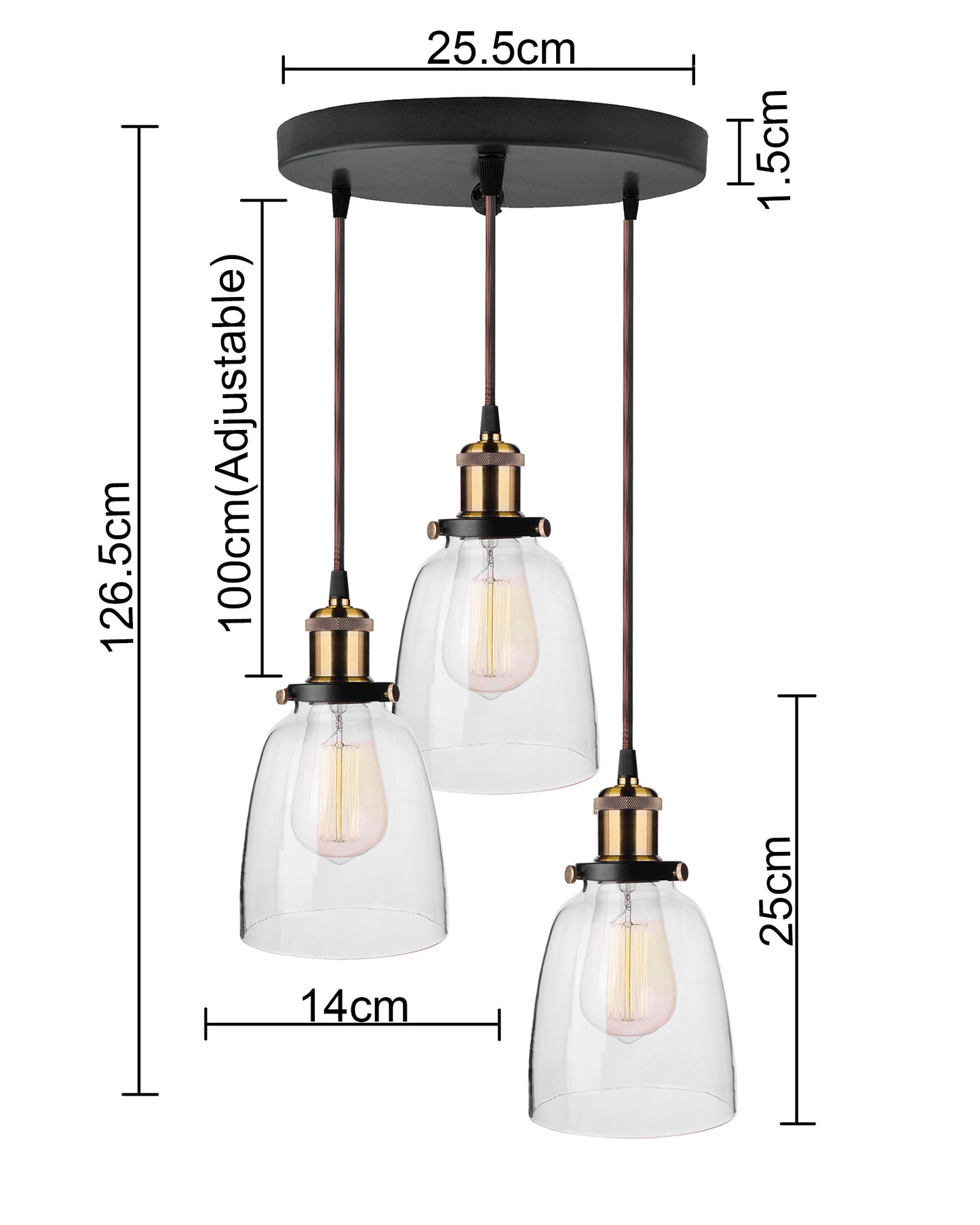 3-Lights Round Cluster Chandelier Modern Bell Glass Shade Hanging Light, Antique Socket, E27 Holder, Decorative, Copper, URBAN Retro, Nordic Style
