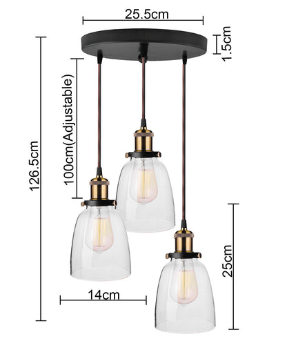 3-Lights Round Cluster Chandelier Modern Bell Glass Shade Hanging Light, Antique Socket, E27 Holder, Decorative, Copper, URBAN Retro, Nordic Style