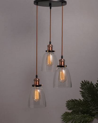 3-Lights Round Cluster Chandelier Modern Bell Glass Shade Hanging Light, Antique Socket, E27 Holder, Decorative, Copper, URBAN Retro, Nordic Style