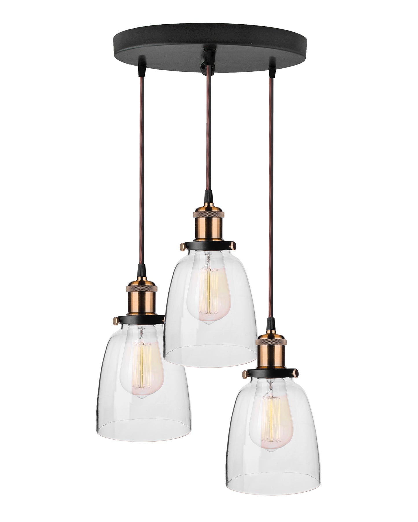 3-Lights Round Cluster Chandelier Modern Bell Glass Shade Hanging Light, Antique Socket, E27 Holder, Decorative, Copper, URBAN Retro, Nordic Style