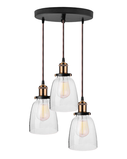 3-Lights Round Cluster Chandelier Modern Bell Glass Shade Hanging Light, Antique Socket, E27 Holder, Decorative, Copper, URBAN Retro, Nordic Style