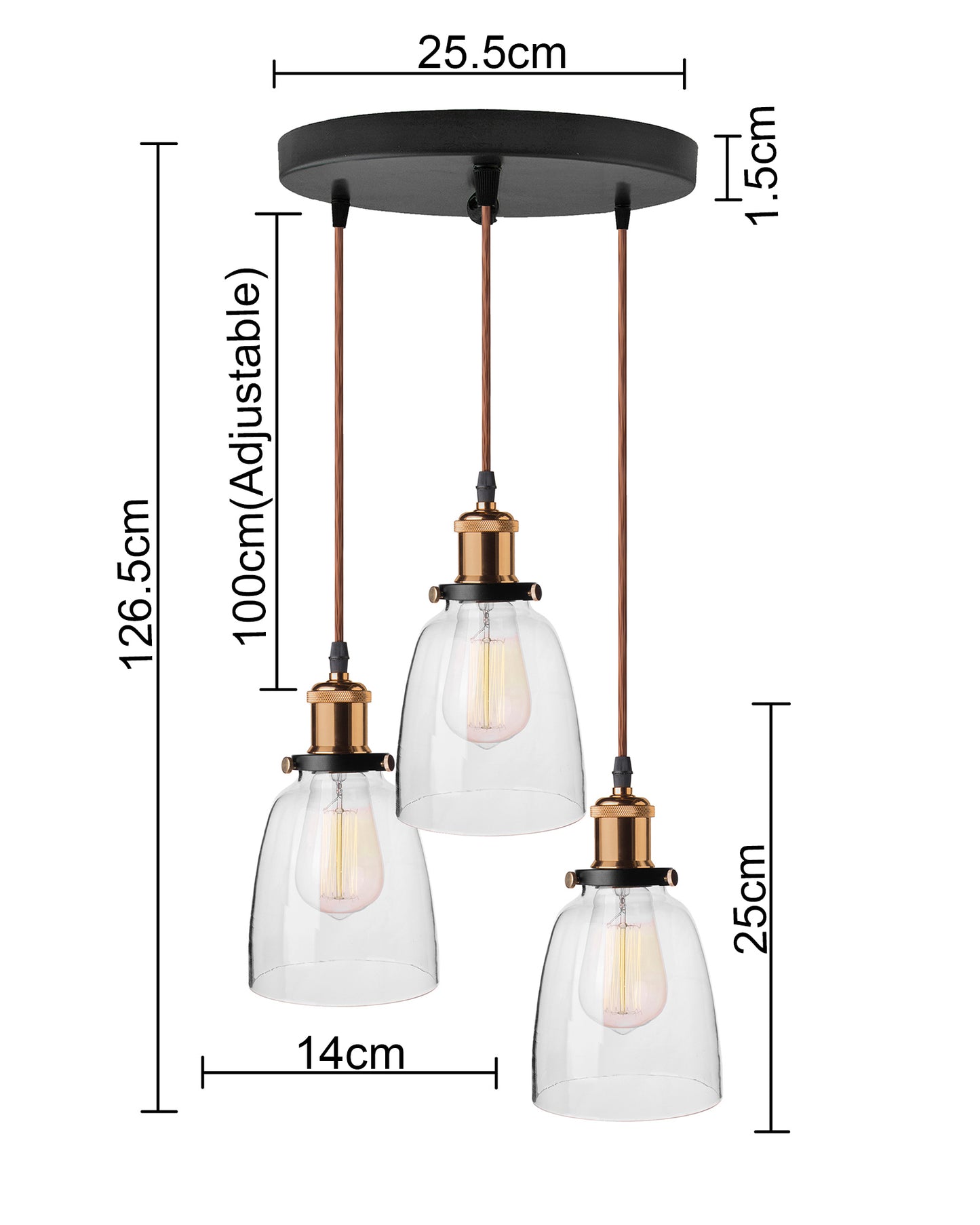 3-Lights Round Cluster Chandelier Modern Bell Glass Shade Hanging Light, Antique Socket, E27 Holder, Decorative, Copper, URBAN Retro, Nordic Style