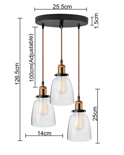3-Lights Round Cluster Chandelier Modern Bell Glass Shade Hanging Light, Antique Socket, E27 Holder, Decorative, Copper, URBAN Retro, Nordic Style